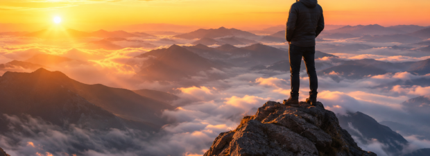 standing high on a mountain peak at dawn