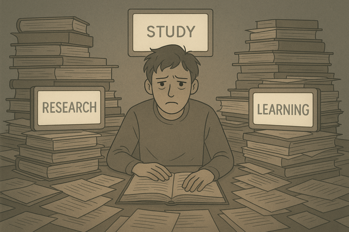 Overwhelmed person stuck in endless study loop with books and screens piling up.